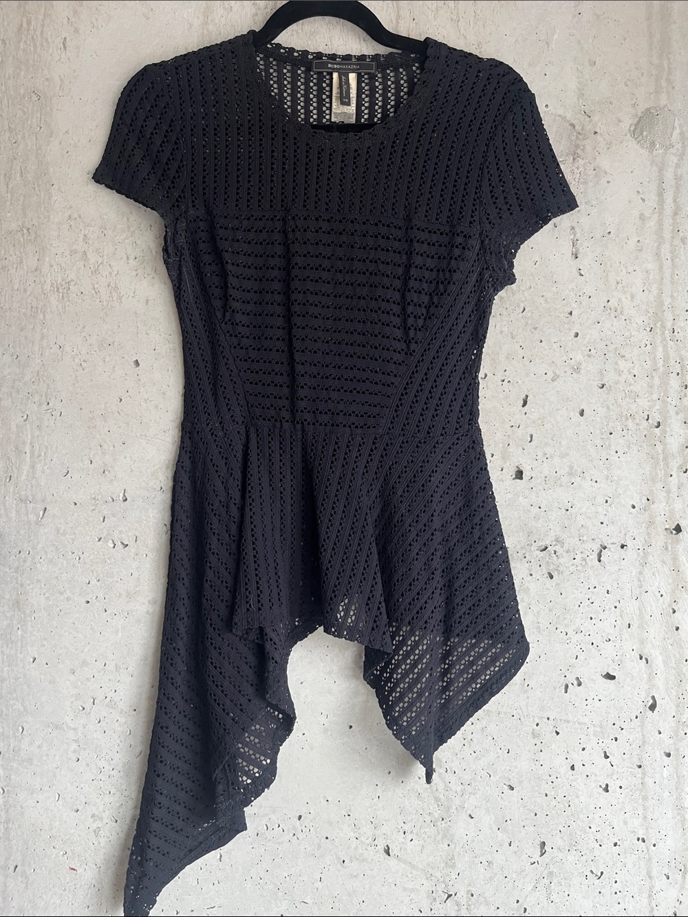 BCBG Max Azria Black Eyelet Peplum Top Asymmetrical Hem Boho Chic